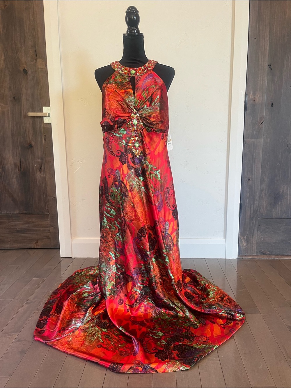 Ignite Red Paisley Halter Evening Gown with Jewel Accents 16W NWT